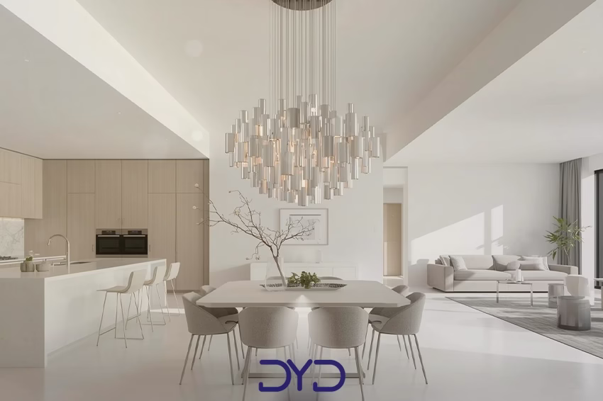 فضای مدرن و مینیمالیستی همراه با لوستر آلومینیومی