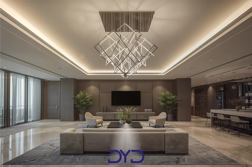 لوستر آلومینیومی در پذیرایی بسیار مدرن