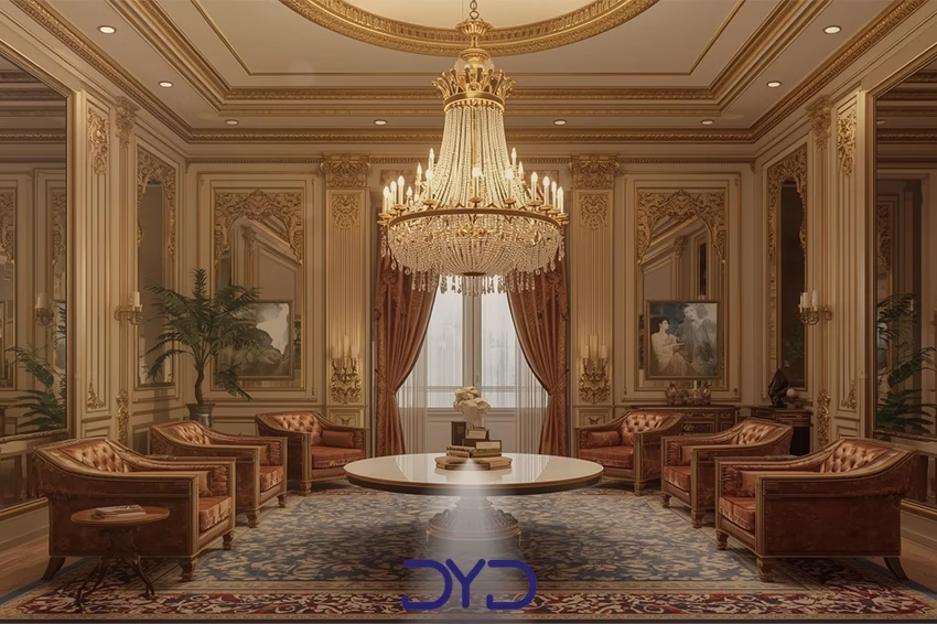 لوستر برنجی در پذیرایی شیک و سلطنتی