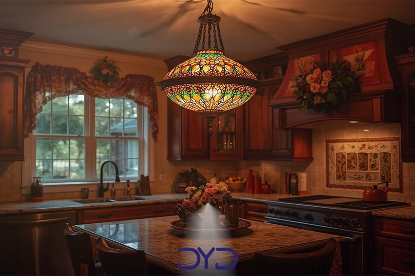 لوستر شیشه ای رنگی در آشپزخانه ای فانتزی