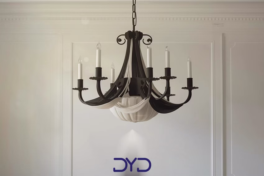 لوستر چوبی با رنگ های سفید و طوسی و مشکی و ترکیب شده با فلوز و پارچه