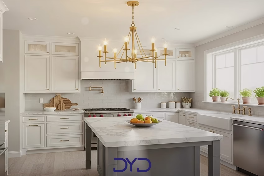 آشپزخانه با لوستر نئوکلاسیک مدرن