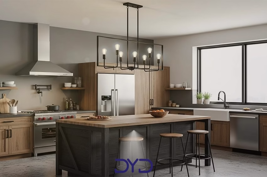 آشپزخانه صنعتی با لوستر فلزی مشکی