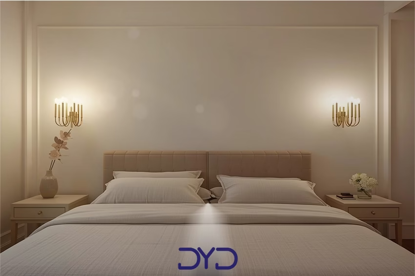 اتاق خواب شیک و آرام با دو لوستر دیواری نصب شده در دو طرف تخت خواب دو نفره