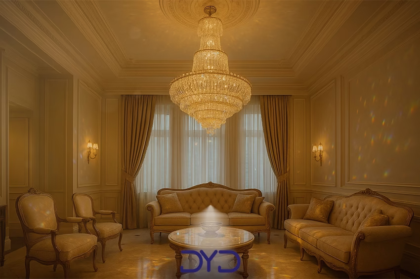 سالن پذیرایی لوکس با لوستر کریستالی بزرگ و درخشان در مرکز سقف