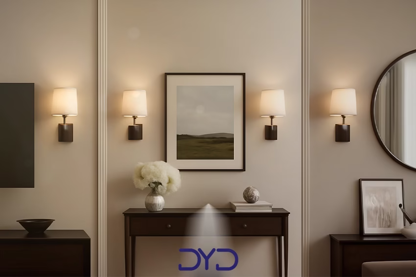 سه مثال بصری از تقارن، هماهنگی با تابلوها و تعادل چیدمان دیوارکوب‌ها نمایش داده شده است