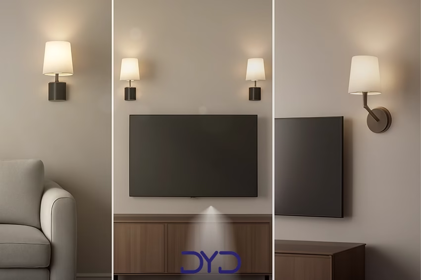 سه نمونه نصب صحیح دیوارکوب در کنار مبلمان و تلویزیون برای جلوگیری از خیرگی و ایجاد تعادل بصری نمایش داده شده است