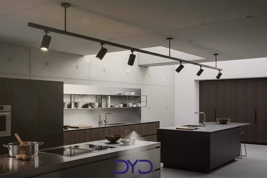 سیستم نورپردازی ریلی قابل تنظیم در آشپزخانه مدرن