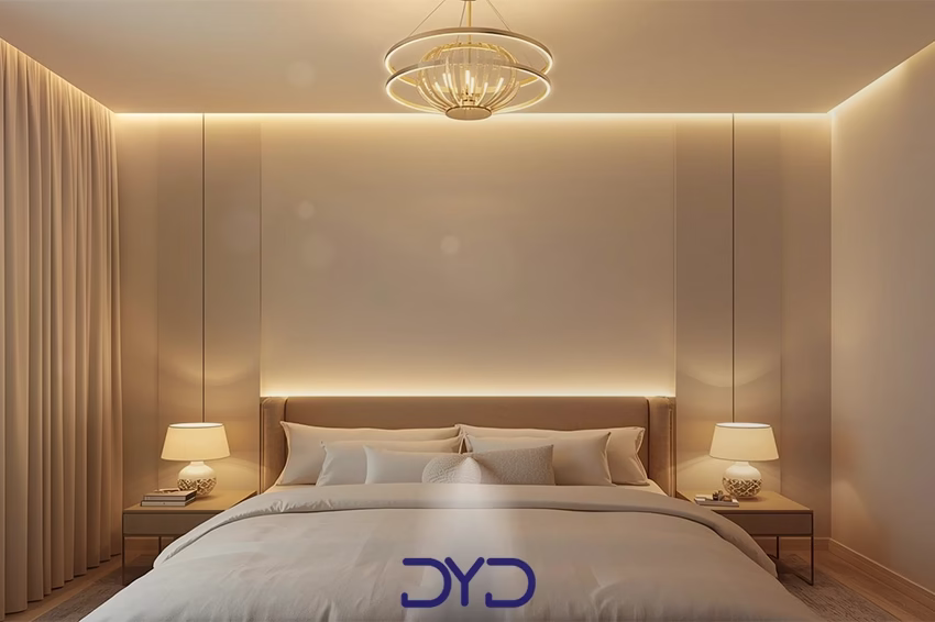 لوستر حلقوی LED با نور ملایم نصب شده در اتاق خواب مدرن
