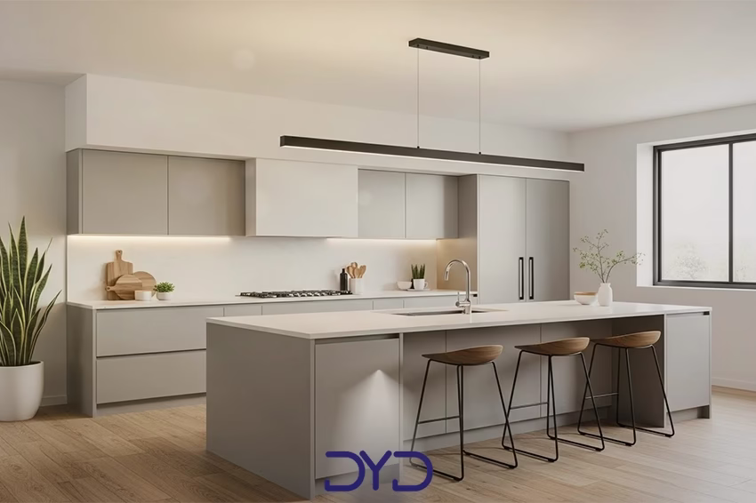 لوستر خطی مدرن بالای جزیره آشپزخانه کشیده