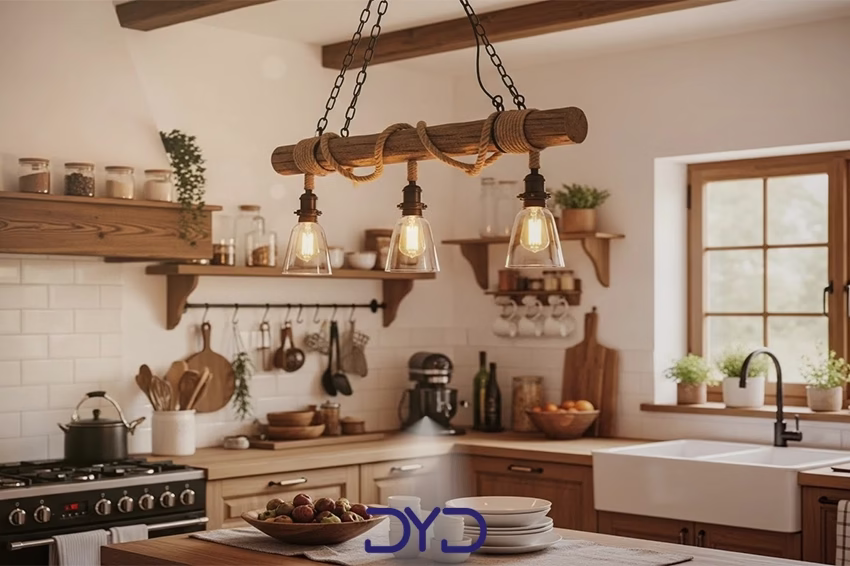 لوستر روستیک با متریال طبیعی در آشپزخانه سبک فارم‌هاوس
