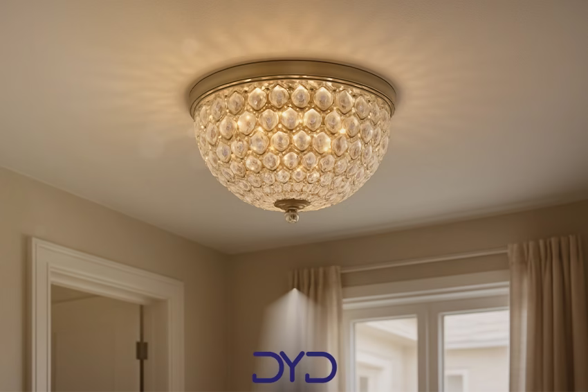 لوستر کریستالی سقفی کم‌ارتفاع، نصب‌شده در آپارتمان با سقف کوتاه