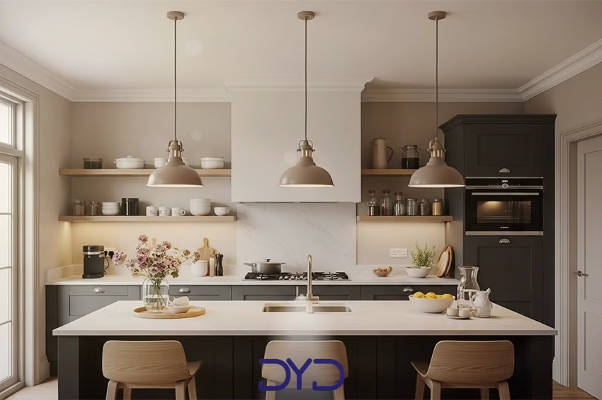 لوسترهای آویز بالای جزیره آشپزخانه با نور متمرکز