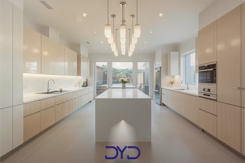 لوسترهای ریلی مدرن نصب شده بالای جزیره آشپزخانه