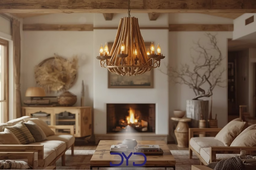 نمای نزدیک از بافت چوب لوستر که نور را به_طور ملایم و گرم منتشر می_کند_