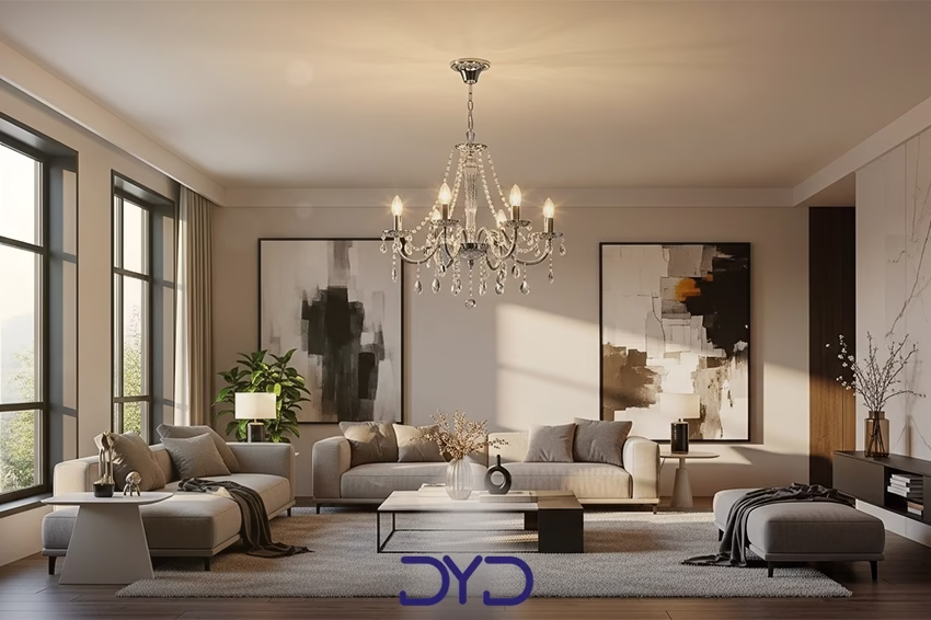 نمای نزدیک از جزئیات لوستر و شفافیت کریستال_ها در ترکیب با دکوراسیون ساده_