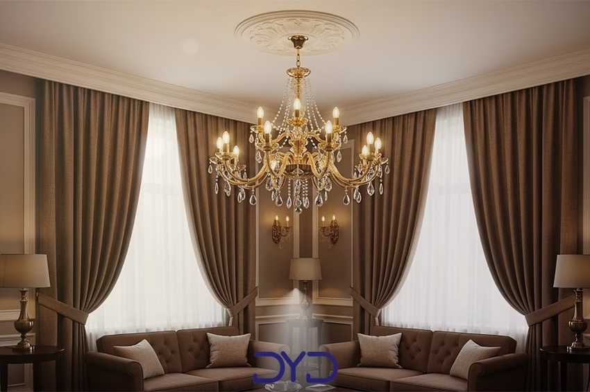 نمای نزدیک از رنگ طلایی لوستر که در فضای پذیرایی با دکوراسیون گرم ترکیب شده است_