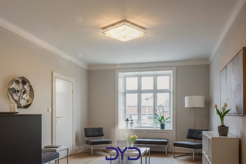 نمای نزدیک از فاصله کم لوستر از سقف و چگونگی نورپردازی در فضای کوچک_