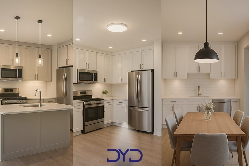 نمونه نصب لوستر آشپزخانه بالای جزیره، سقف اصلی و میز ناهارخوری