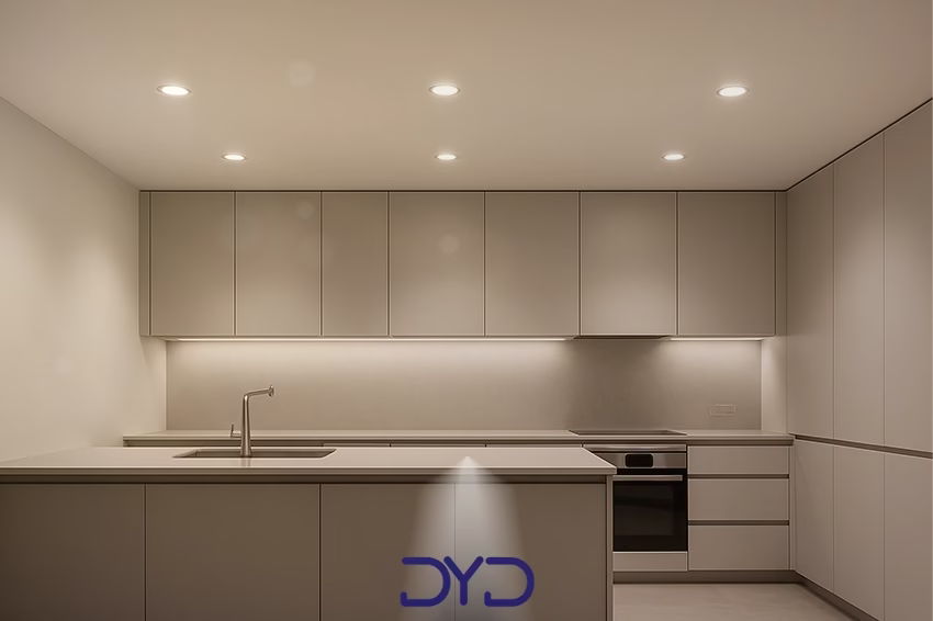 نورپردازی توکار سقفی در آشپزخانه مدرن مینیمال