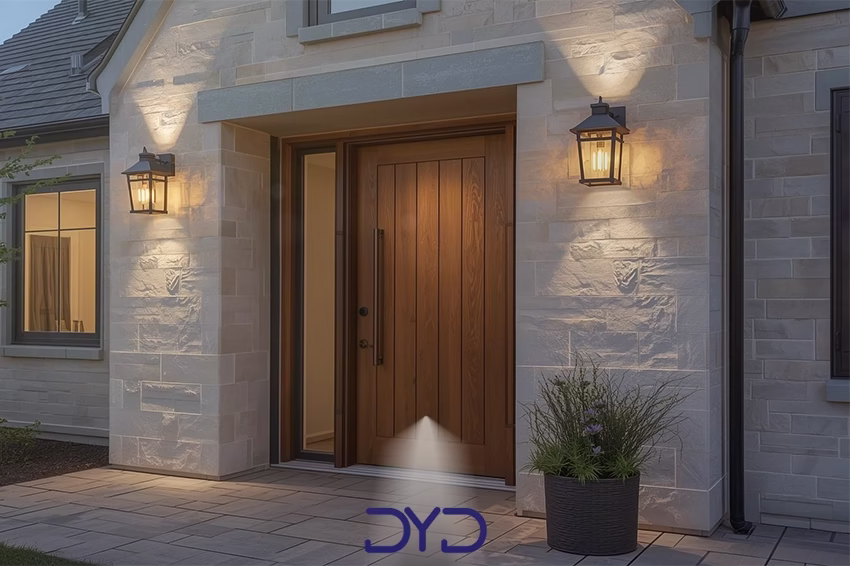 ورودی یک خانه یا حیاط با دو لوستر دیواری بیرونی نصب شده در دو طرف درب ورودی