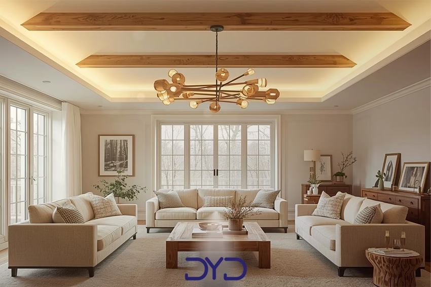 پذیرایی گرم و دنج با لوستر چوبی نصب شده در مرکز سقف