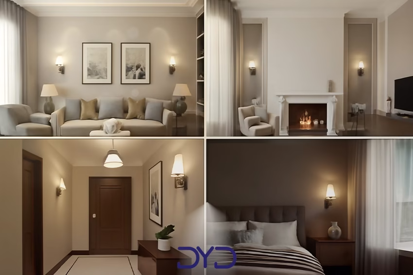 چهار تصویر از دیوارکوب نصب شده در ارتفاع صحیح در پذیرایی معمولی، پذیرایی سقف بلند، راهرو و اتاق خواب