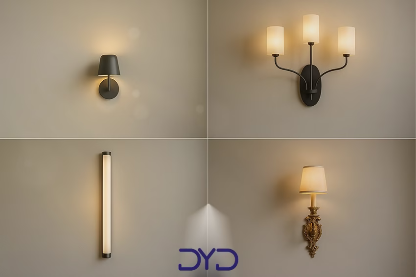 چهار نوع دیوارکوب با اندازه و طراحی متفاوت روی دیوارهای ساده