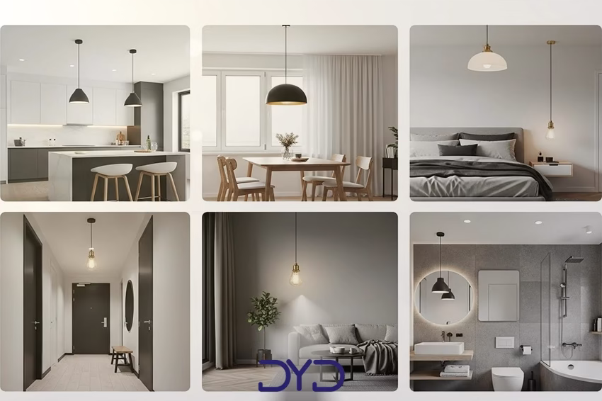 تصویر کامپوزیت شش_قسمتی که محل_های مختلف مناسب برای نصب لامپ آویز سقفی را نشان می_دهد