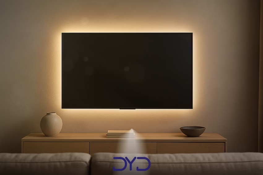 تلویزیون نصب شده روی دیوار با نورپردازی خطی LED پشت آن
