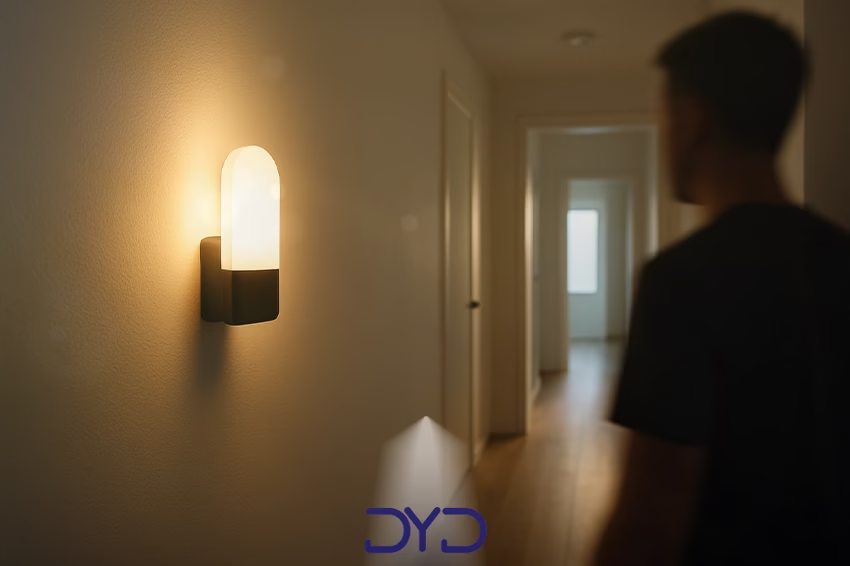 دیوارکوب هوشمند در راهرویی مدرن که هنگام ورود فرد روشن شده است