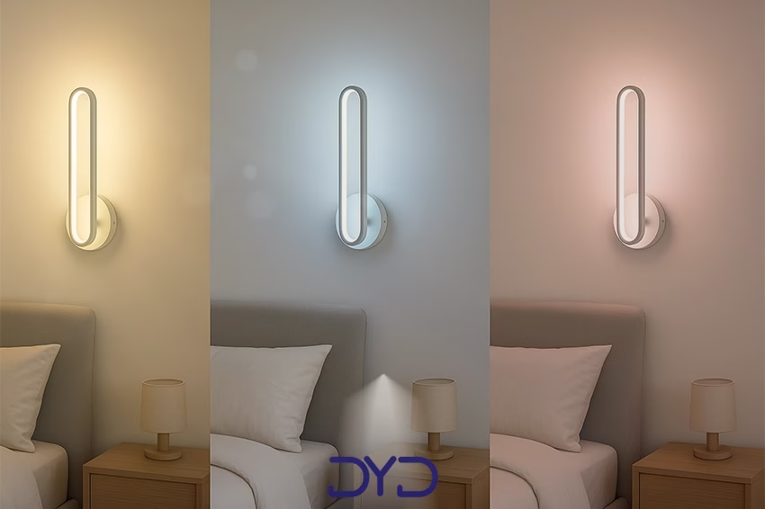 سه تصویر کنار هم از یک دیوارکوب LED که نور سفید، آبی و صورتی تولید می کند