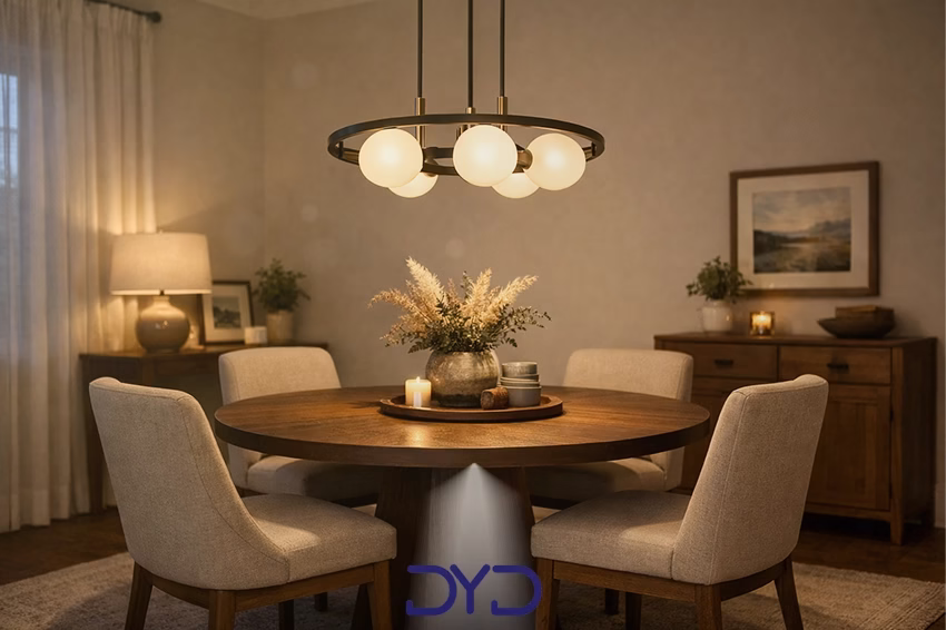 لوستر آویز بالای میز ناهارخوری با نور گرم و استاندارد