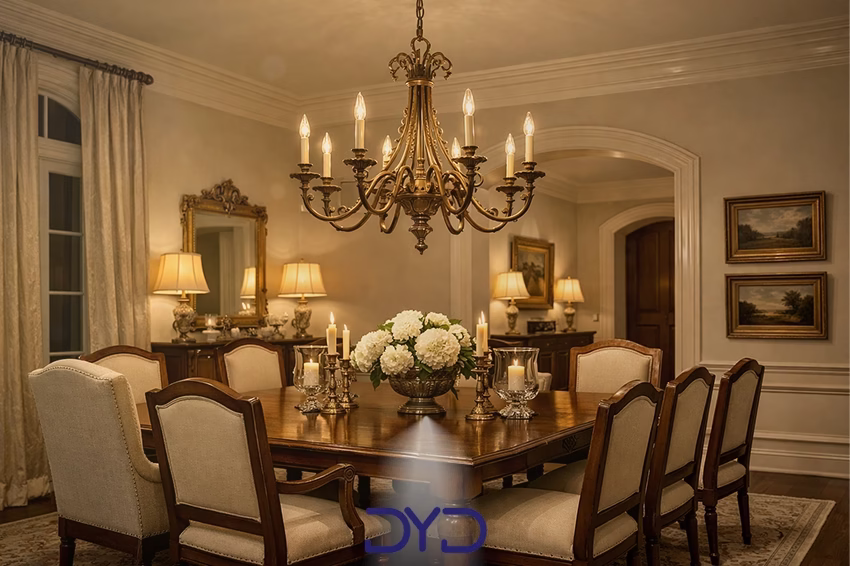 لوستر شاخه‌ای کلاسیک مناسب اتاق ناهارخوری با سقف بلند