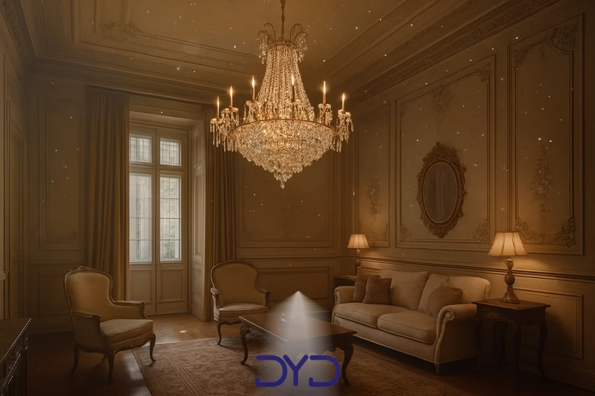 لوستر کریستالی کلاسیک در یک سالن پذیراییِ کلاسیک