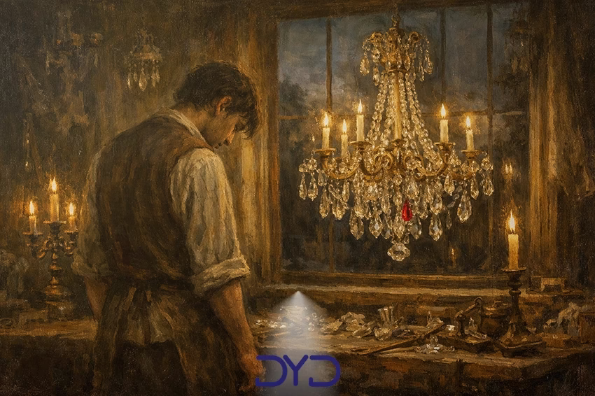 نقاشی سیمون در سوگ ماری کنار لوستر با کریستال قرمز