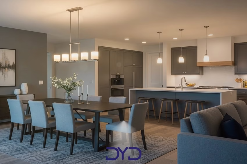 نورپردازی هماهنگ ناهارخوری اپن به آشپزخانه